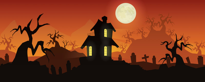 landscape vector drawing of Halloween themed haunted house and graveyard