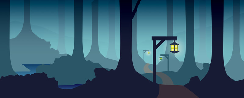 landscape vector drawing of spooky forest and lantern lit road