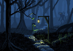 pixel art illustration of spooky dark forest with wendigo in background.