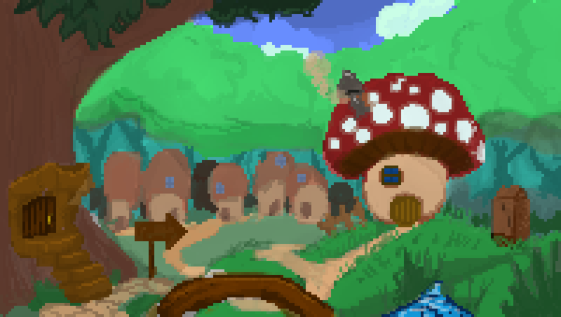 pixel art illustration of fantasy themed enchanted village with mushroom houses