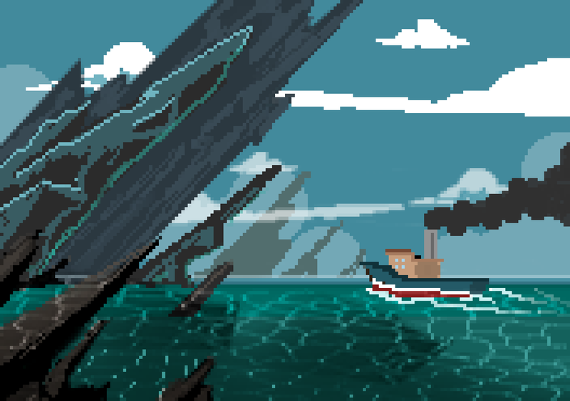 pixel art illustration of Lovecraftian and eldritch landscape with small boat